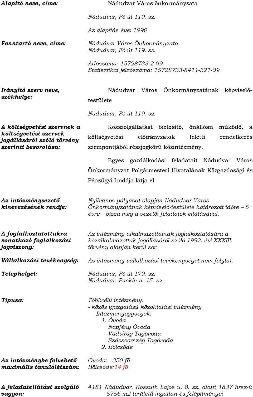 Adószáma: 15728733-2-09 Statisztikai jelzőszáma: 15728733-8411-321-09 Irányító sze