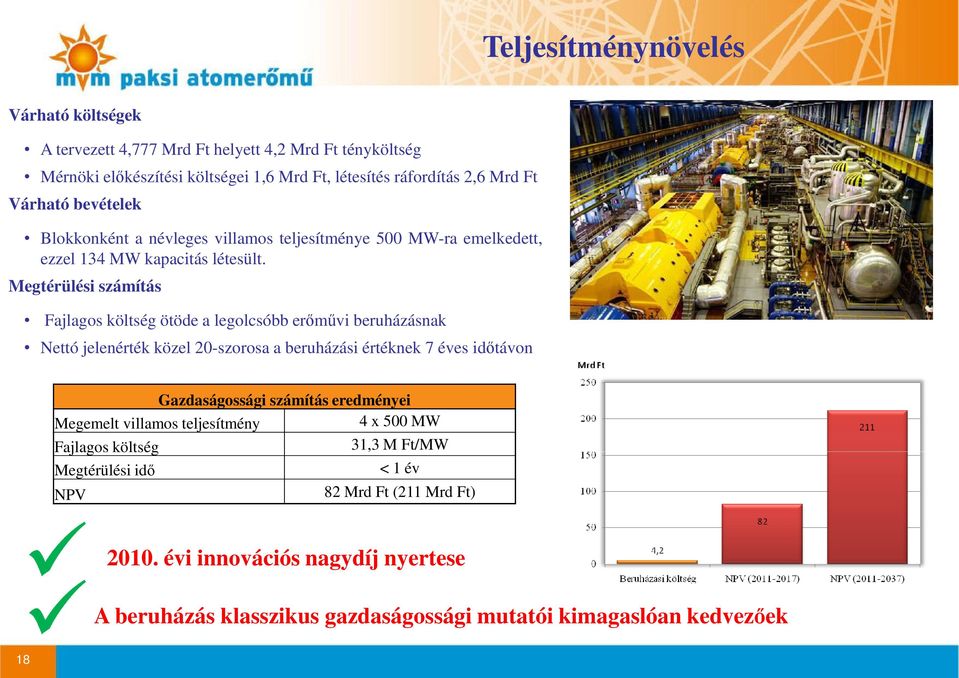 Megtérülési számítás Fajlagos költség ötöde a legolcsóbb erımővi beruházásnak Nettó jelenérték közel 20-szorosa a beruházási értéknek 7 éves idıtávon Gazdaságossági számítás