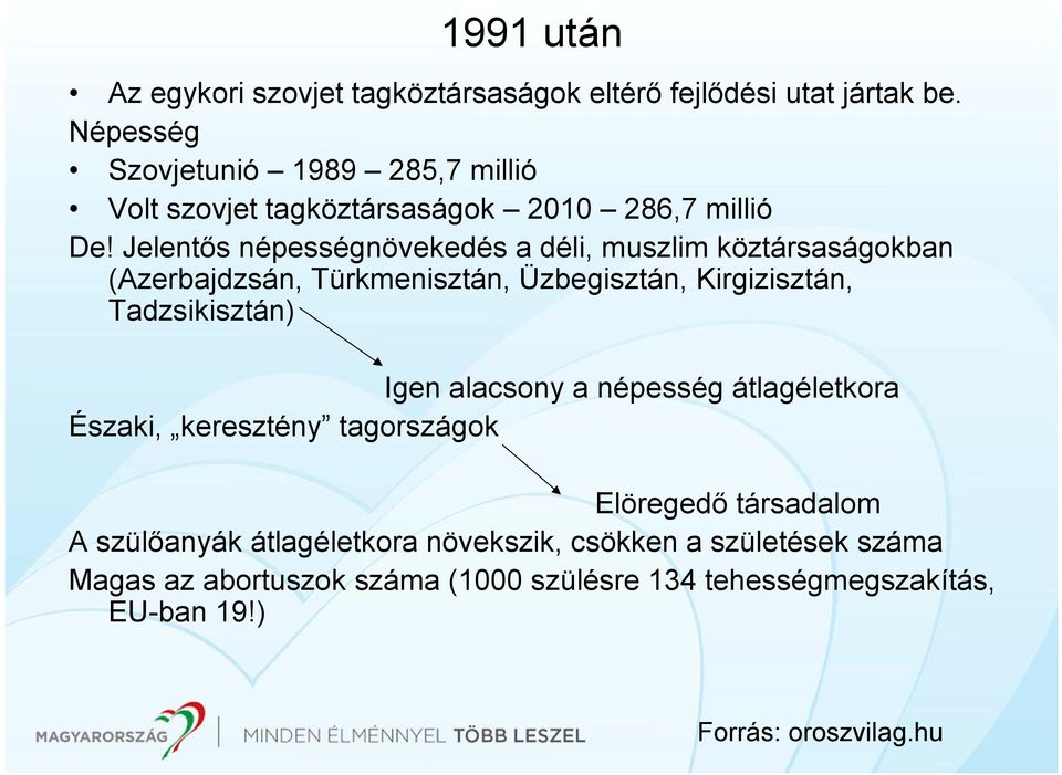 Jelentős népességnövekedés a déli, muszlim köztársaságokban (Azerbajdzsán, Türkmenisztán, Üzbegisztán, Kirgizisztán, Tadzsikisztán) Igen