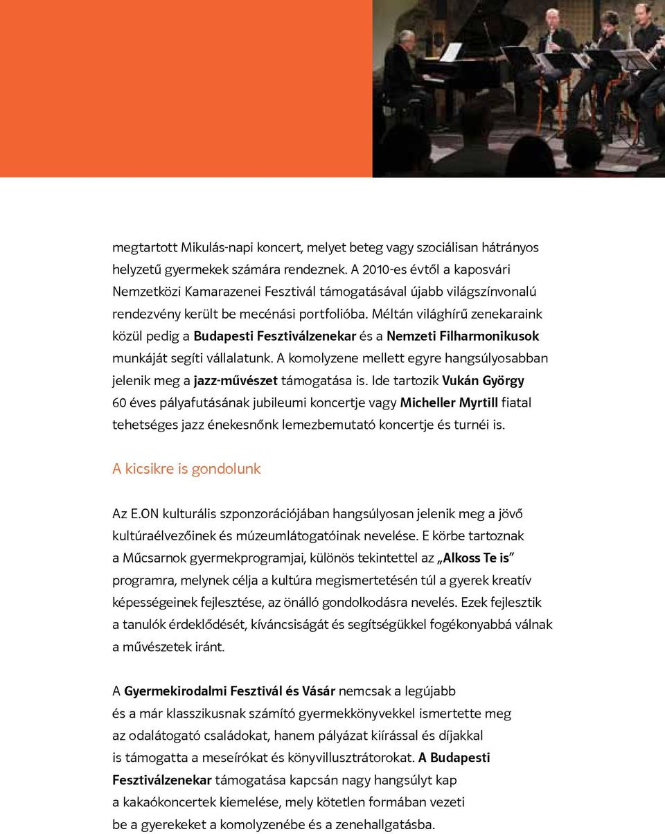 Méltán világhírű zenekaraink közül pedig a Budapesti Fesztiválzenekar és a Nemzeti Filharmonikusok munkáját segíti vállalatunk.