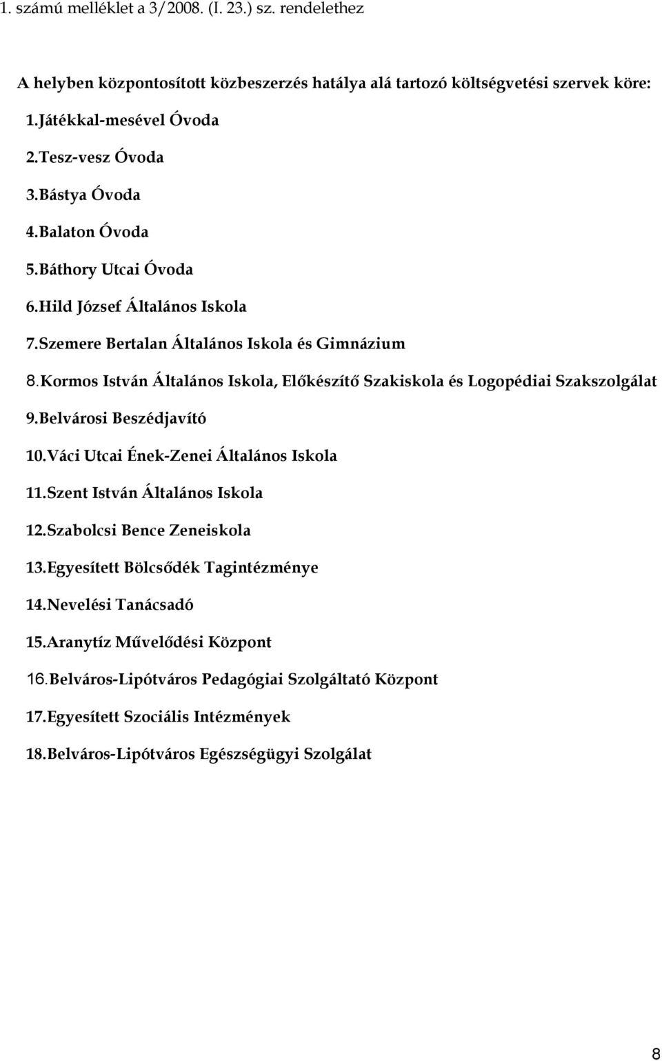 Kormos István Általános Iskola, Előkészítő Szakiskola és Logopédiai Szakszolgálat 9.Belvárosi Beszédjavító 10.Váci Utcai Ének-Zenei Általános Iskola 11.Szent István Általános Iskola 12.