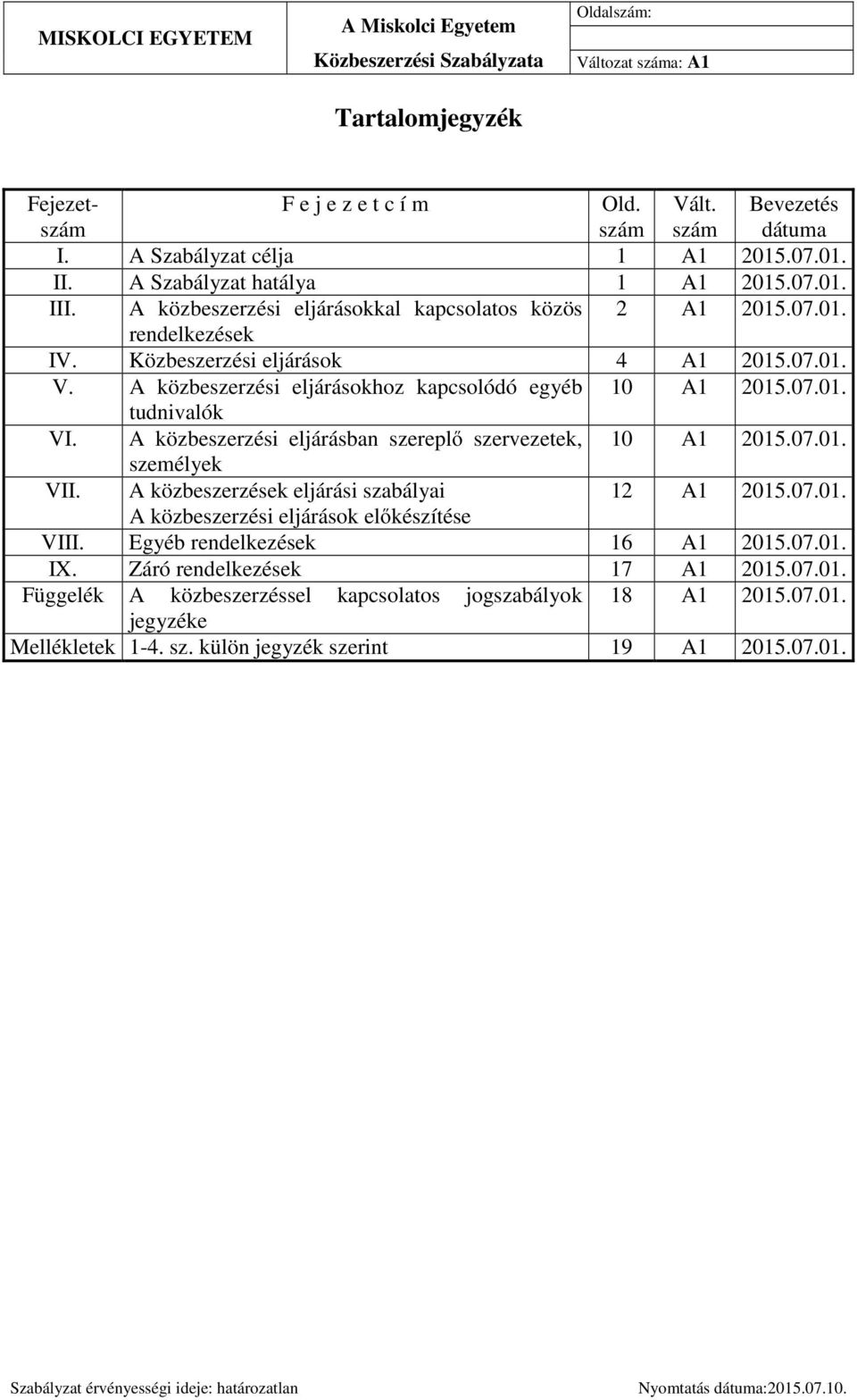 A közbeszerzési eljárásban szereplő szervezetek, 10 A1 2015.07.01. személyek VII. A közbeszerzések eljárási szabályai 12 A1 2015.07.01. A közbeszerzési eljárások előkészítése VIII.