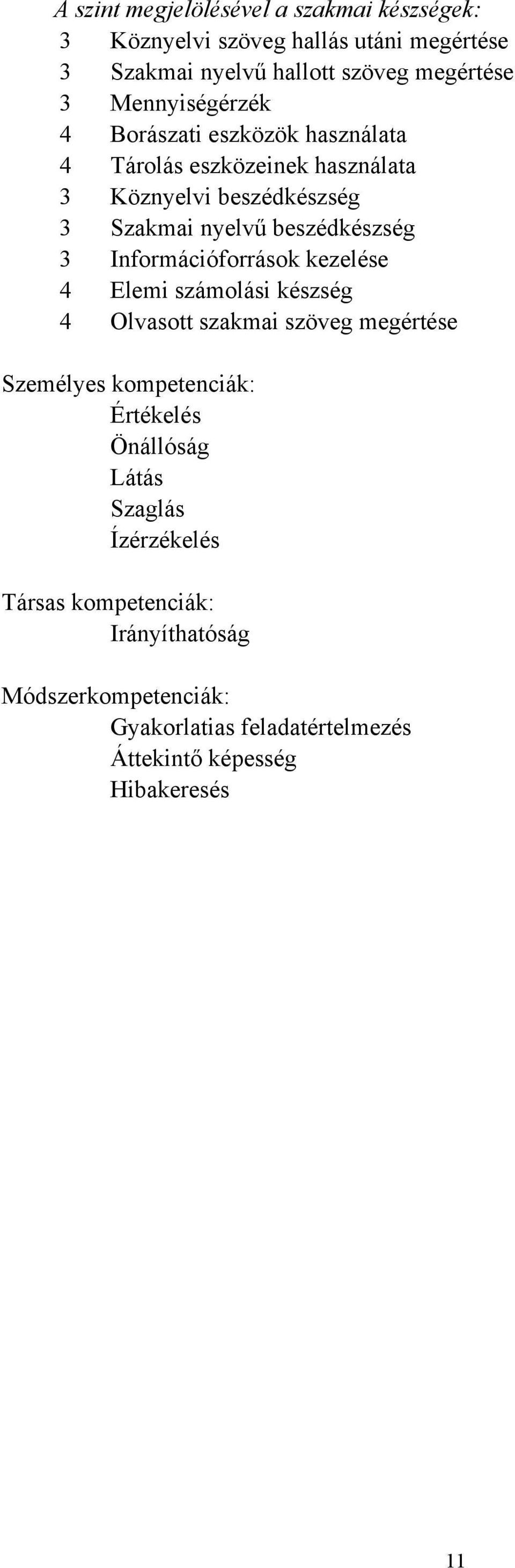 3 Információforrások kezelése 4 Elemi számolási készség 4 Olvasott szakmai szöveg megértése Személyes kompetenciák: Értékelés Önállóság