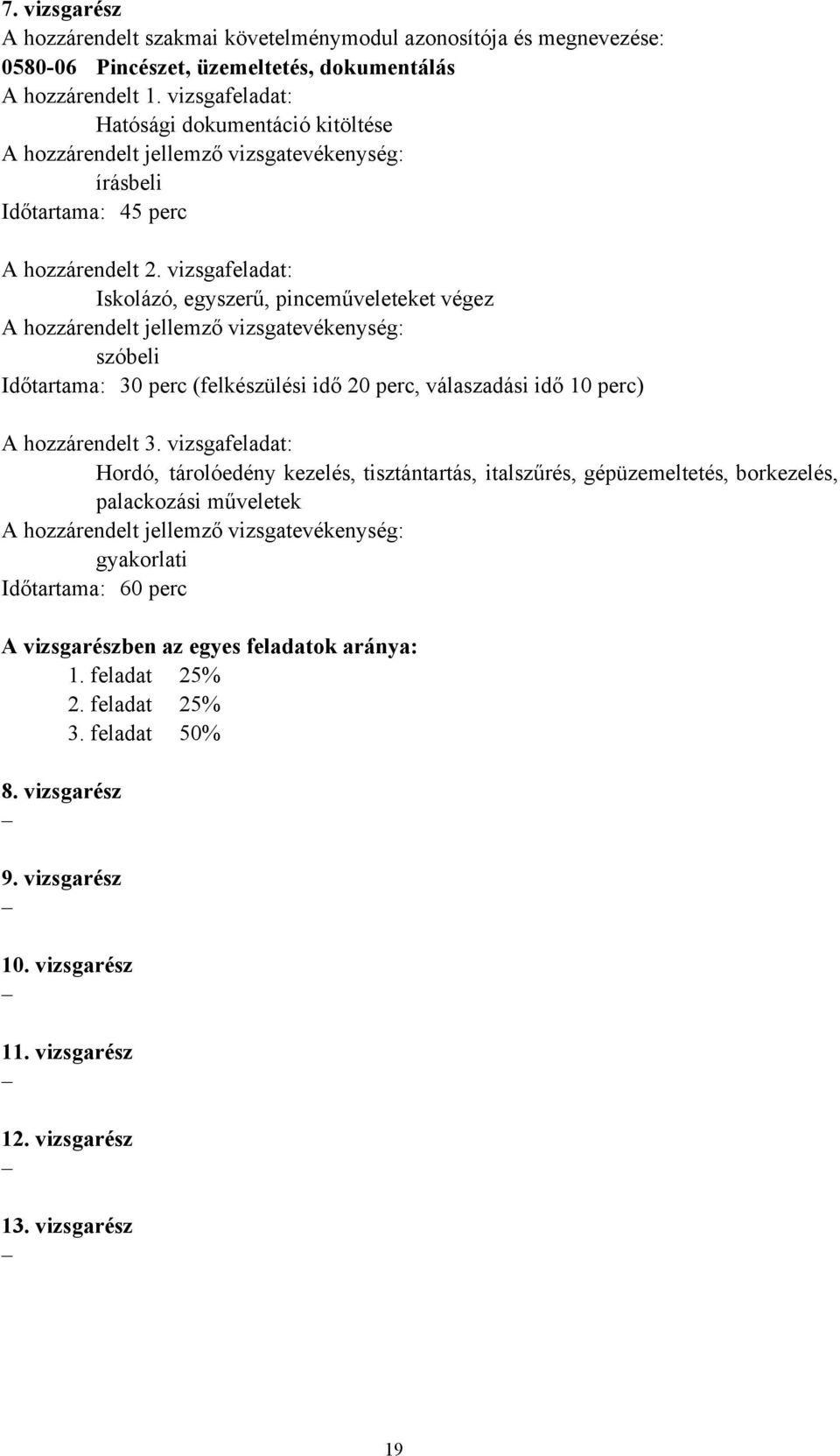 vizsgafeladat: Iskolázó, egyszerű, pinceműveleteket végez A hozzárendelt jellemző vizsgatevékenység: szóbeli Időtartama: 30 perc (felkészülési idő 20 perc, válaszadási idő 10 perc) A hozzárendelt 3.