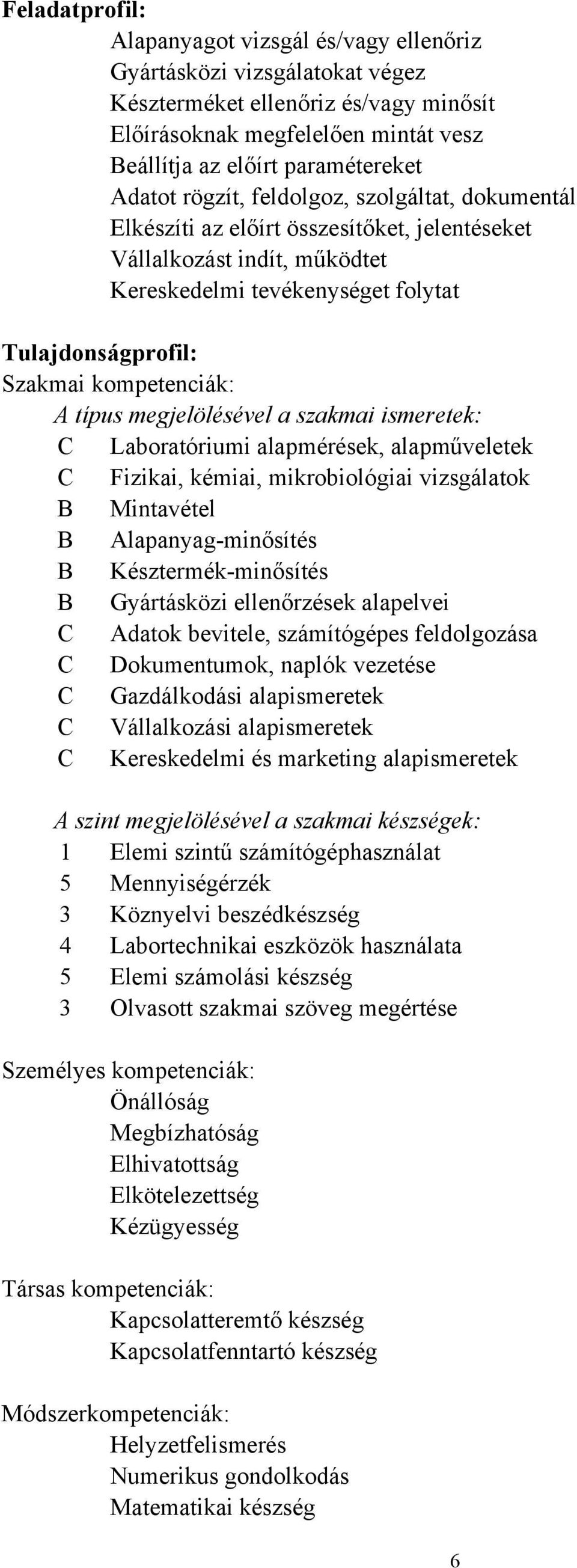 kompetenciák: A típus megjelölésével a szakmai ismeretek: C Laboratóriumi alapmérések, alapműveletek C Fizikai, kémiai, mikrobiológiai vizsgálatok B Mintavétel B Alapanyag-minősítés B