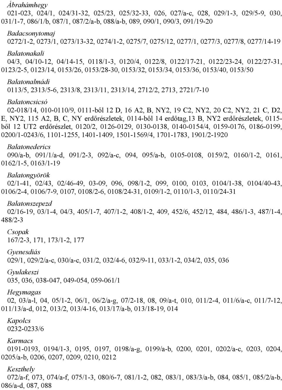 0123/14, 0153/26, 0153/28-30, 0153/32, 0153/34, 0153/36, 0153/40, 0153/50 Balatonalmádi 0113/5, 2313/5-6, 2313/8, 2313/11, 2313/14, 2712/2, 2713, 2721/7-10 Balatoncsicsó 02-018/14, 010-0110/9,