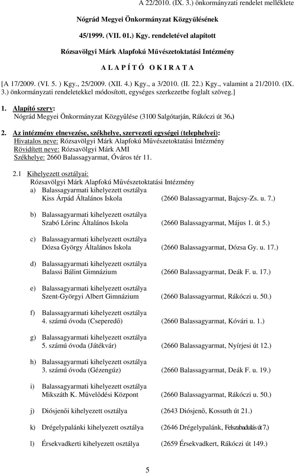 (IX. 3.) önkormányzati rendeletekkel módosított, egységes szerkezetbe foglalt szöveg.] 1. Alapító szerv: Nógrád Megyei Önkormányzat Közgyűlése (3100 Salgótarján, Rákóczi út 36.) 2.