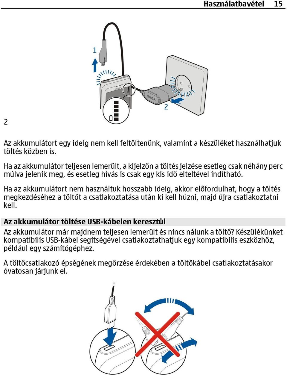 Ha az akkumulátort nem használtuk hosszabb ideig, akkor előfordulhat, hogy a töltés megkezdéséhez a töltőt a csatlakoztatása után ki kell húzni, majd újra csatlakoztatni kell.