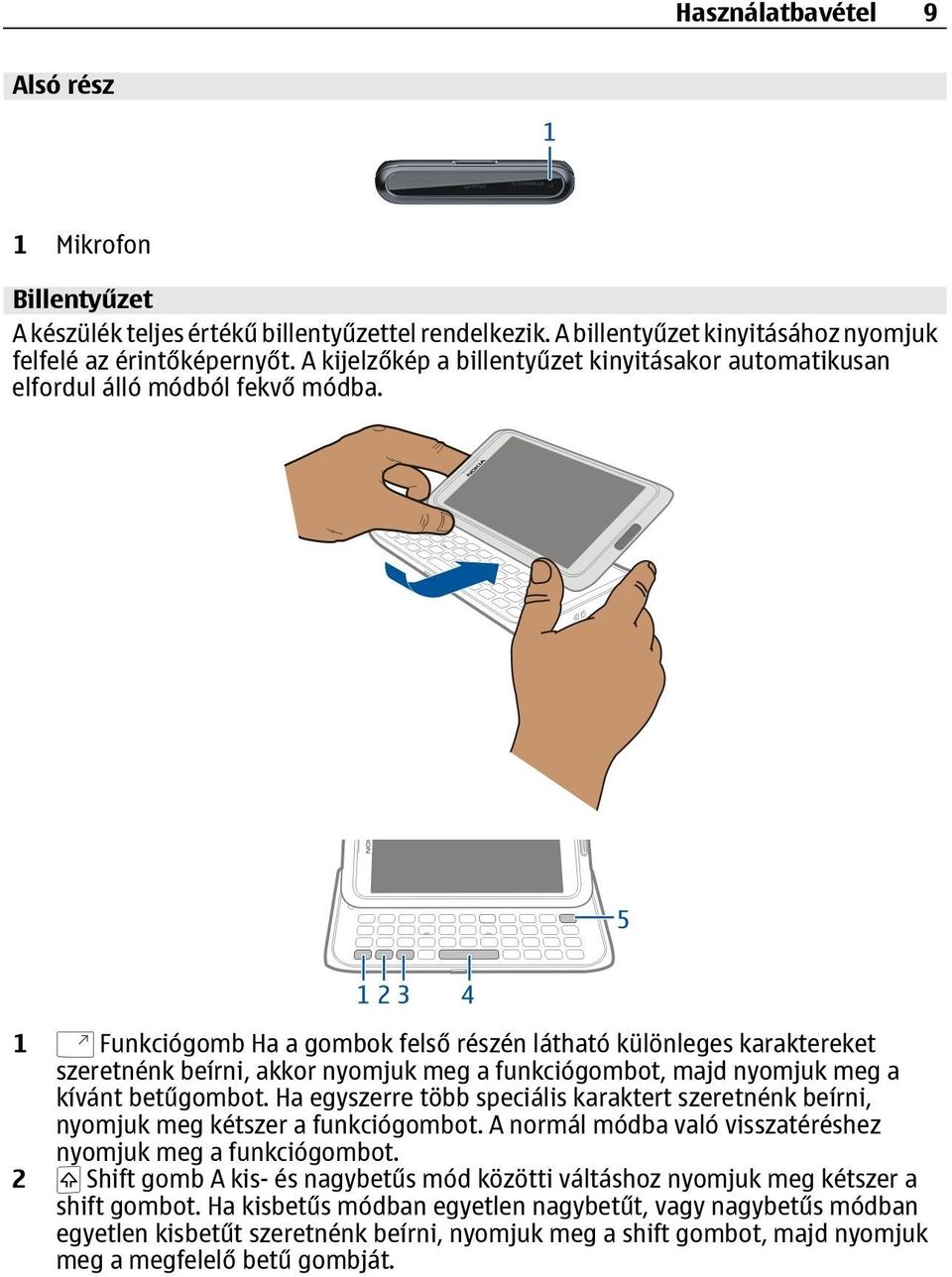 1 Funkciógomb Ha a gombok felső részén látható különleges karaktereket szeretnénk beírni, akkor nyomjuk meg a funkciógombot, majd nyomjuk meg a kívánt betűgombot.