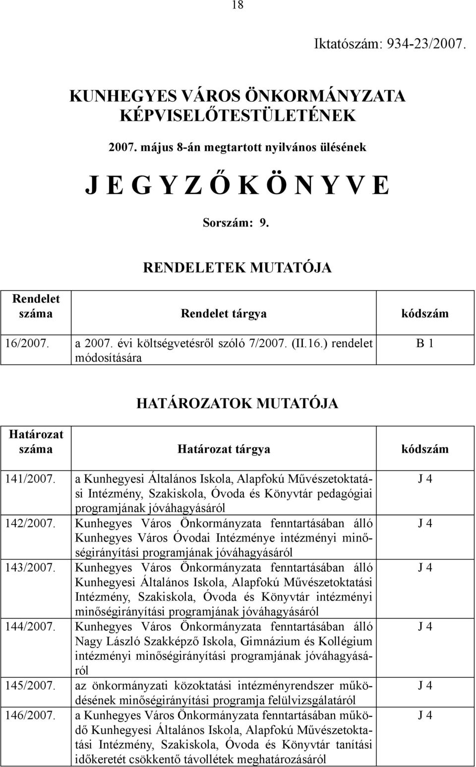 a Kunhegyesi Általános Iskola, Alapfokú Művészetoktatási Intézmény, Szakiskola, Óvoda és Könyvtár pedagógiai programjának jóváhagyásáról 142/2007.