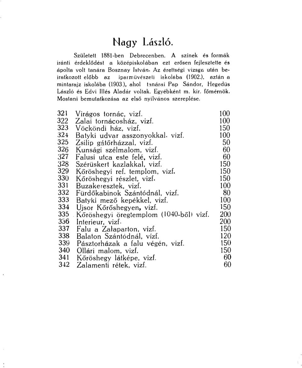 főmérnök. Mostani bemutatkozása az első nyilvános szereplése. 321 Virágos tornác, vizf. 100 322 Zalai tornácosház, vizf. 100 323 Vöcköndi ház, vizf. 150 324 Batyki udvar asszonyokkal, vizf.