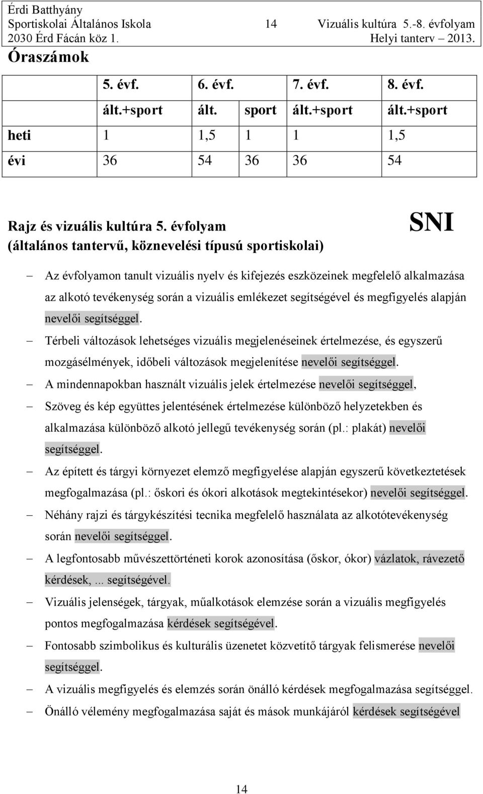 évfolyam (általános tantervű, köznevelési típusú sportiskolai) SNI Az évfolyamon tanult vizuális nyelv és kifejezés eszközeinek megfelelő alkalmazása az alkotó tevékenység során a vizuális emlékezet