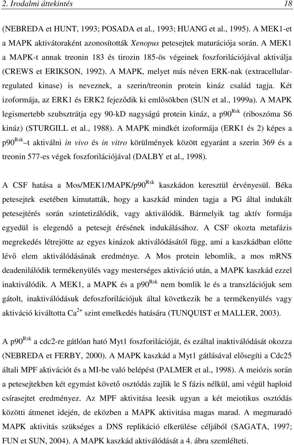 A MAPK, melyet más néven ERK-nak (extracellularregulated kinase) is neveznek, a szerin/treonin protein kináz család tagja. Két izoformája, az ERK1 és ERK2 fejeződik ki emlősökben (SUN et al., 1999a).