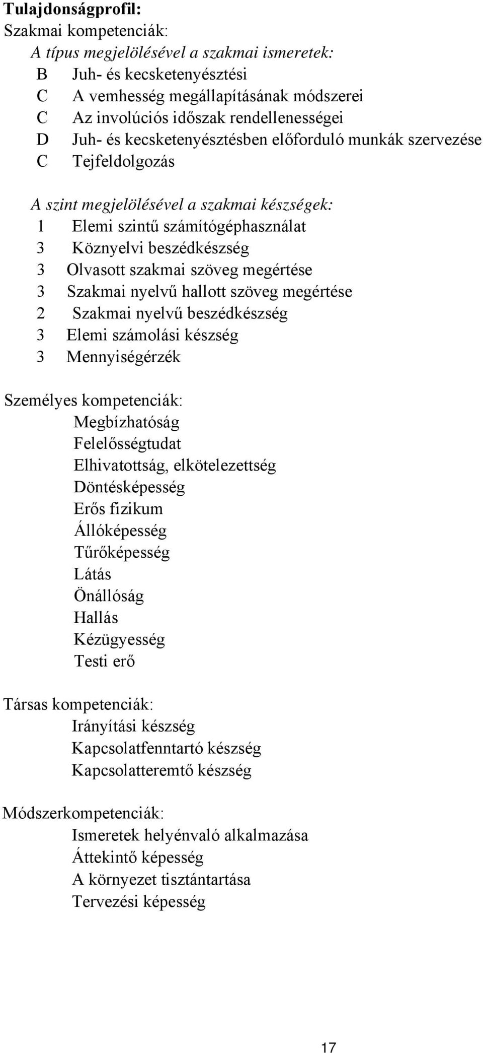 megértése 3 Szakmai nyelvű hallott szöveg megértése 2 Szakmai nyelvű beszédkészség 3 lemi számolási készség 3 Mennyiségérzék Személyes kompetenciák: Megbízhatóság Felelősségtudat lhivatottság,