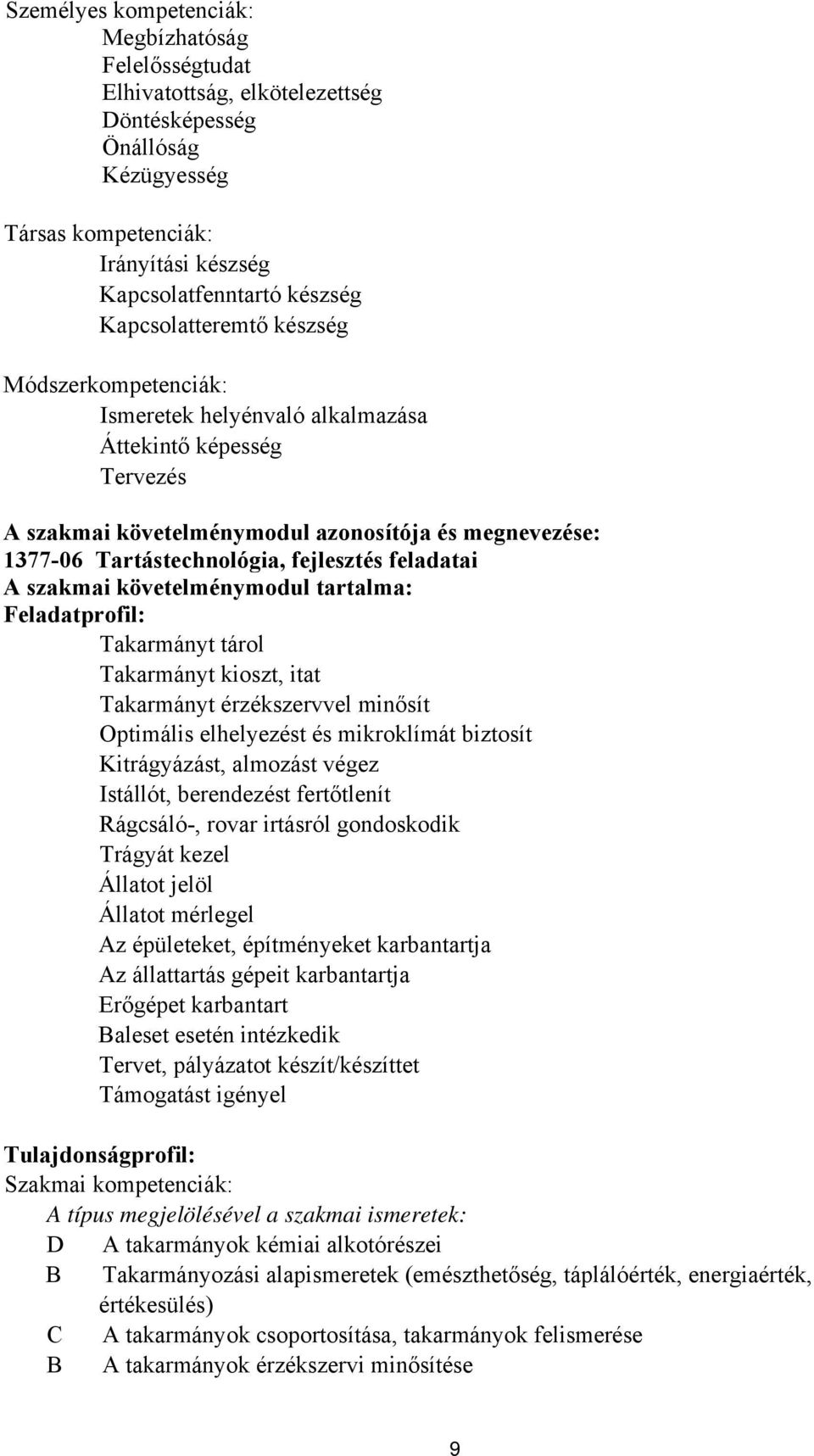 feladatai A szakmai követelménymodul tartalma: Feladatprofil: Takarmányt tárol Takarmányt kioszt, itat Takarmányt érzékszervvel minősít Optimális elhelyezést és mikroklímát biztosít Kitrágyázást,