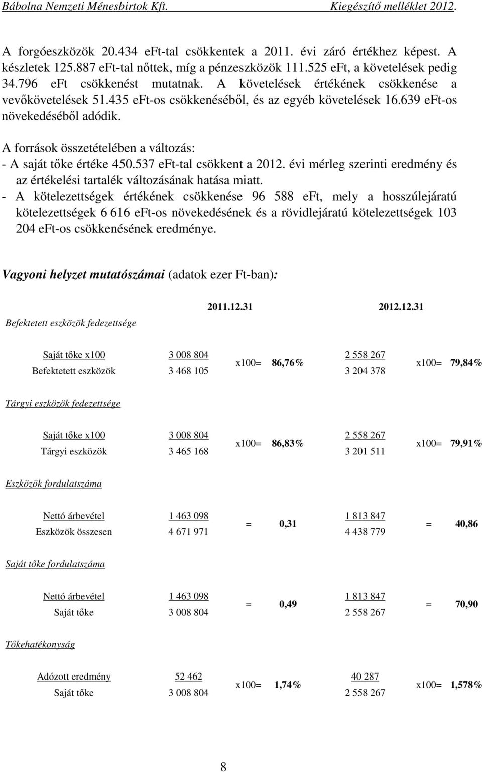 A források összetételében a változás: - A saját tőke értéke 450.537 eft-tal csökkent a 2012. évi mérleg szerinti eredmény és az értékelési tartalék változásának hatása miatt.