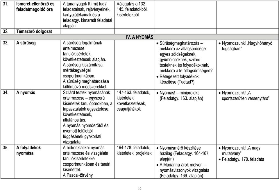 A nyomás Szilárd testek nyomásának értelmezése egyszerű kísérletek tanulópárokban, a tapasztalatok egyeztetése, következtetések, általánosítás.