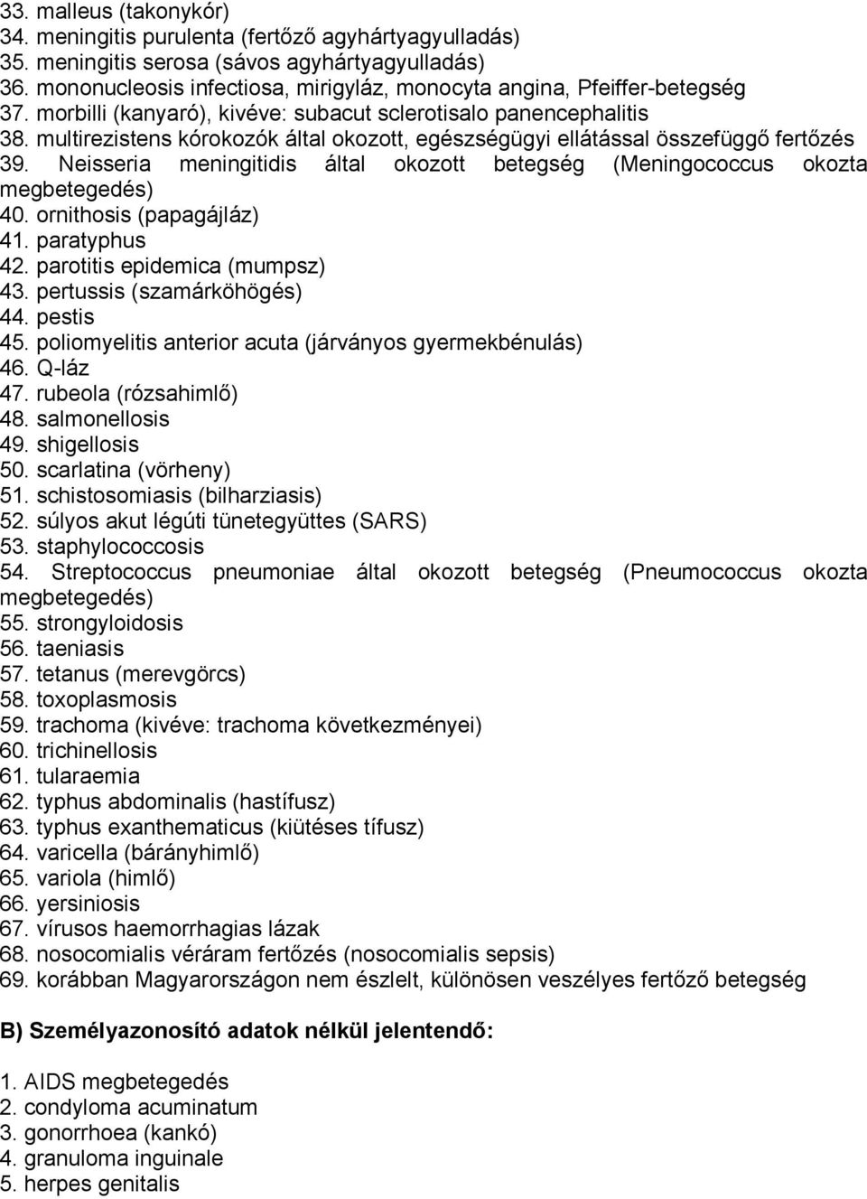 multirezistens kórokozók által okozott, egészségügyi ellátással összefüggő fertőzés 39. Neisseria meningitidis által okozott betegség (Meningococcus okozta megbetegedés) 40.