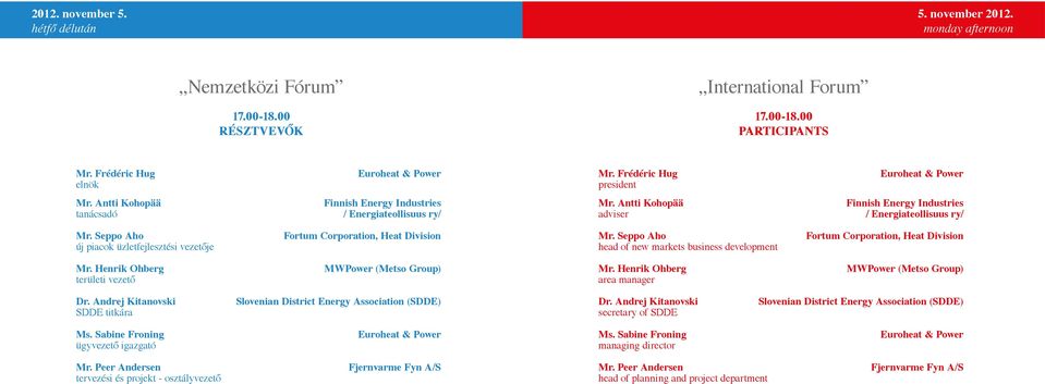 Seppo Aho head of new markets business development Fortum Corporation, Heat Division Mr. Henrik Ohberg területi vezető MWPower (Metso Group) Mr. Henrik Ohberg area manager MWPower (Metso Group) Dr.