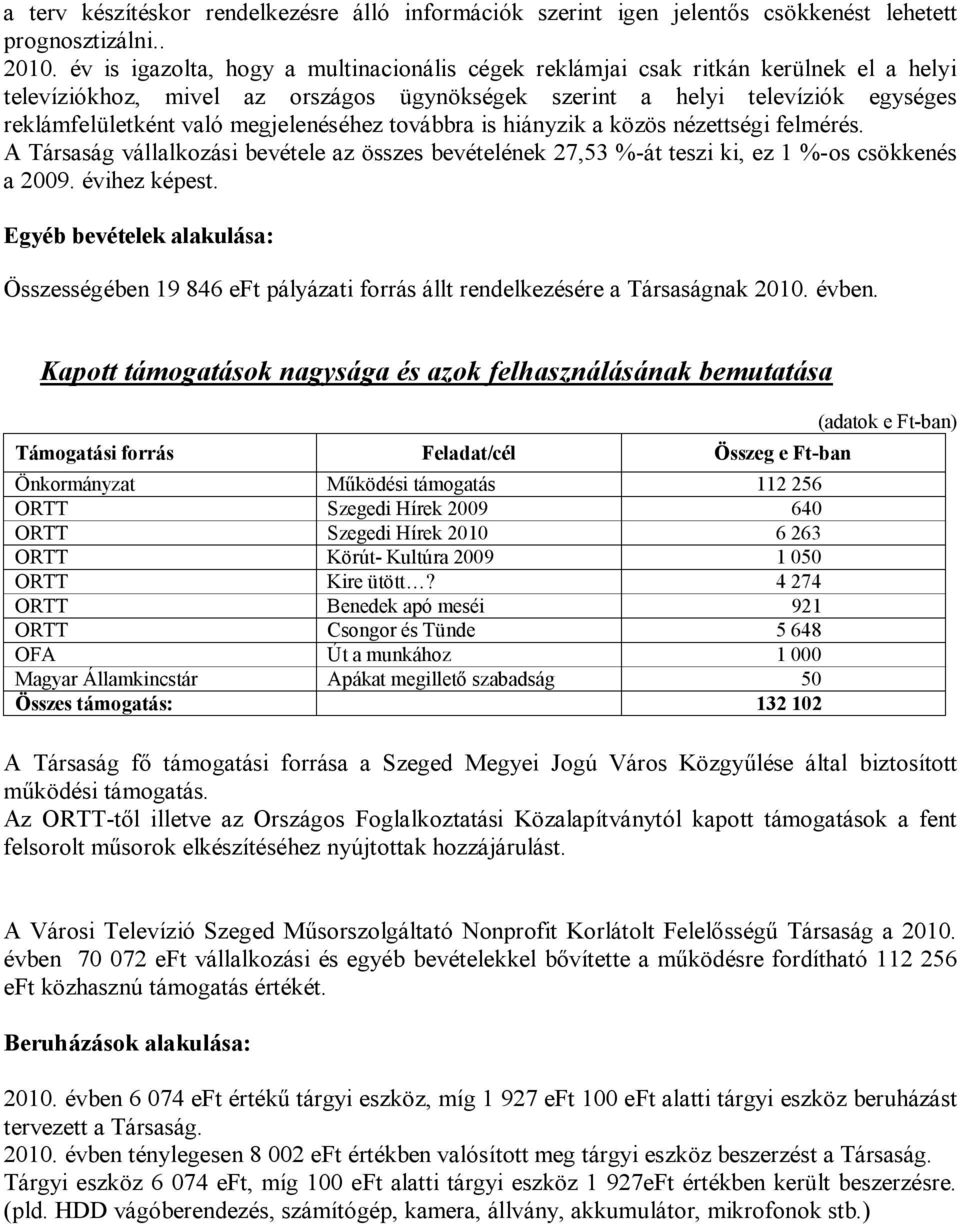 megjelenéséhez továbbra is hiányzik a közös nézettségi felmérés. A Társaság vállalkozási bevétele az összes bevételének 27,53 %-át teszi ki, ez 1 %-os csökkenés a 2009. évihez képest.