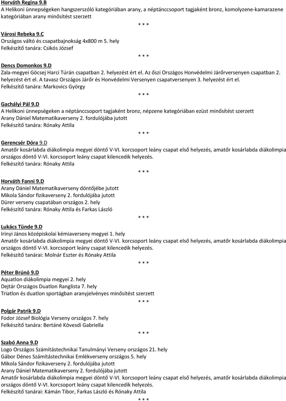 helyezést ért el. A tavasz Országos Járőr és Honvédelmi Versenyen csapatversenyen 3. helyezést ért el. Felkészítő tanára: Markovics György Gachályi Pál 9.