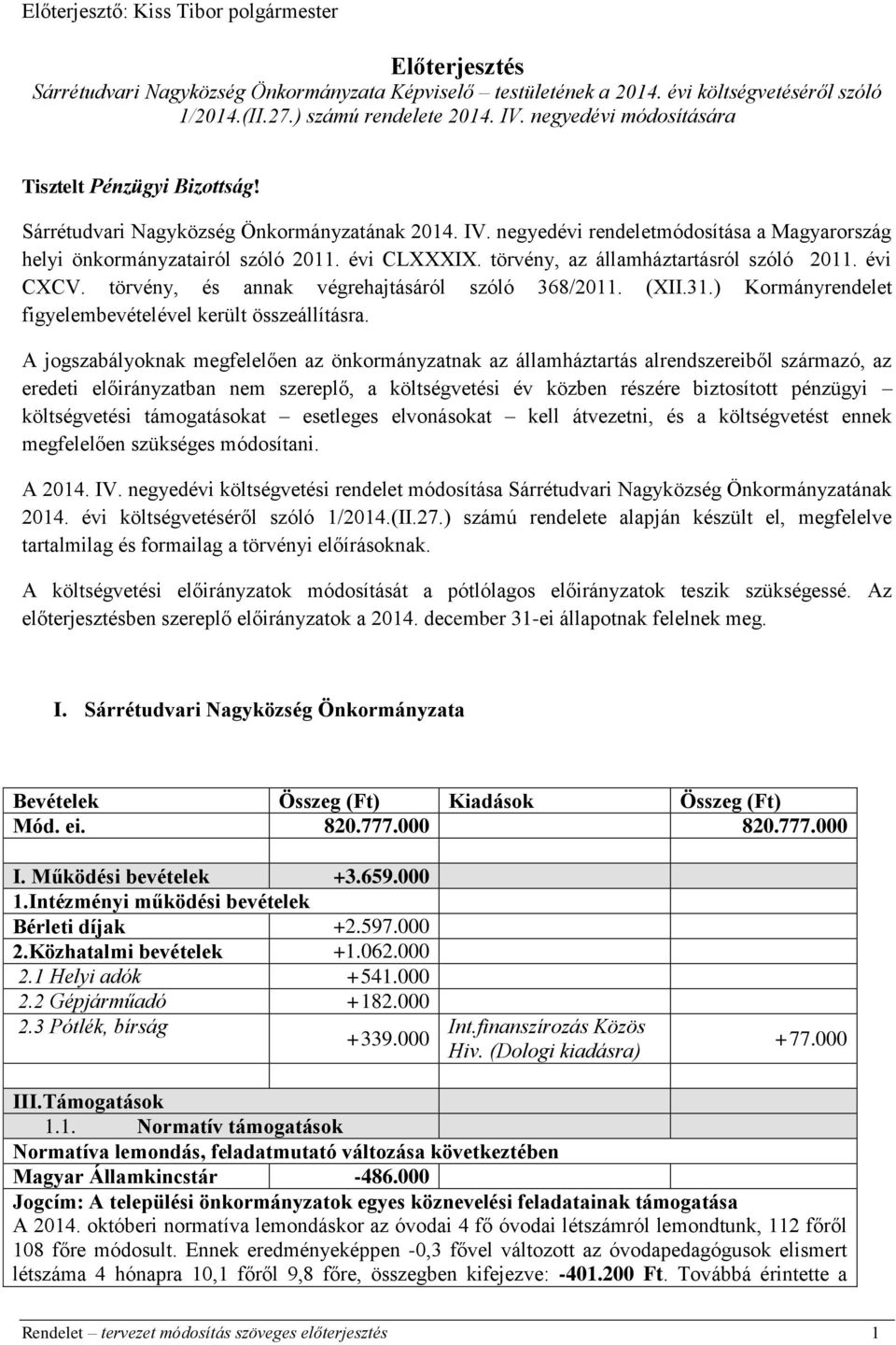 törvény, az államháztartásról szóló 2011. évi CXCV. törvény, és annak végrehajtásáról szóló 368/2011. (XII.31.) Kormányrendelet figyelembevételével került összeállításra.