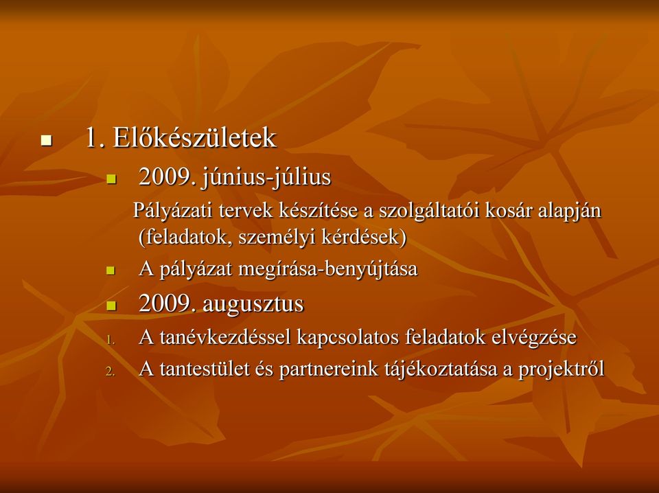 (feladatok, személyi kérdések) A pályázat megírása-benyújtása 2009.