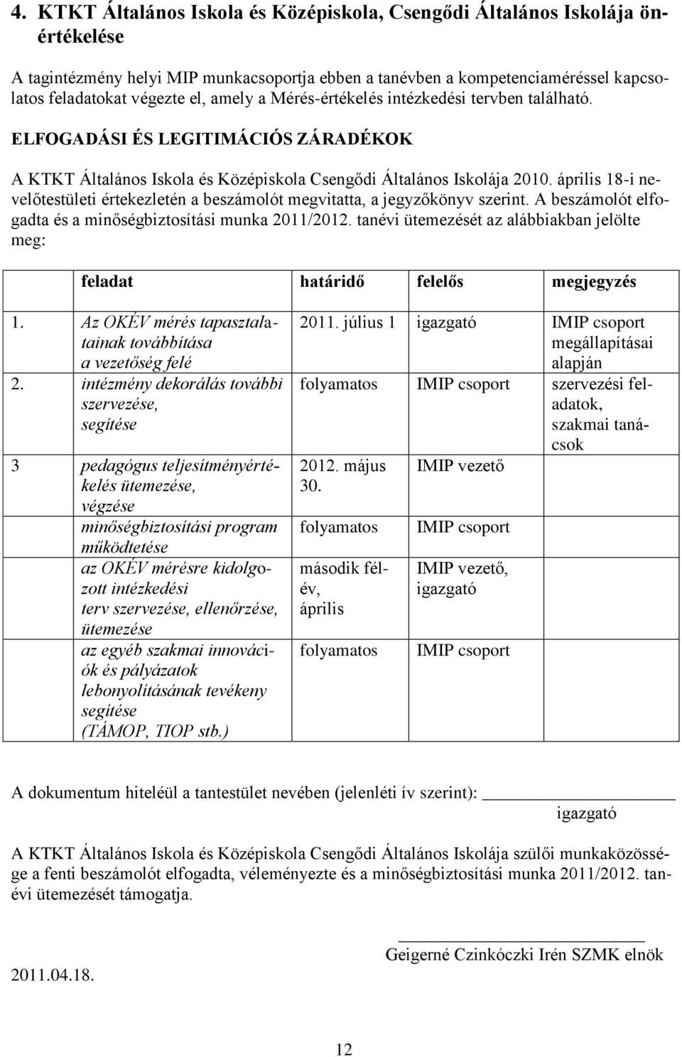 április 18-i nevelőtestületi értekezletén a beszámolót megvitatta, a jegyzőkönyv szerint. A beszámolót elfogadta és a minőségbiztosítási munka 2011/2012.