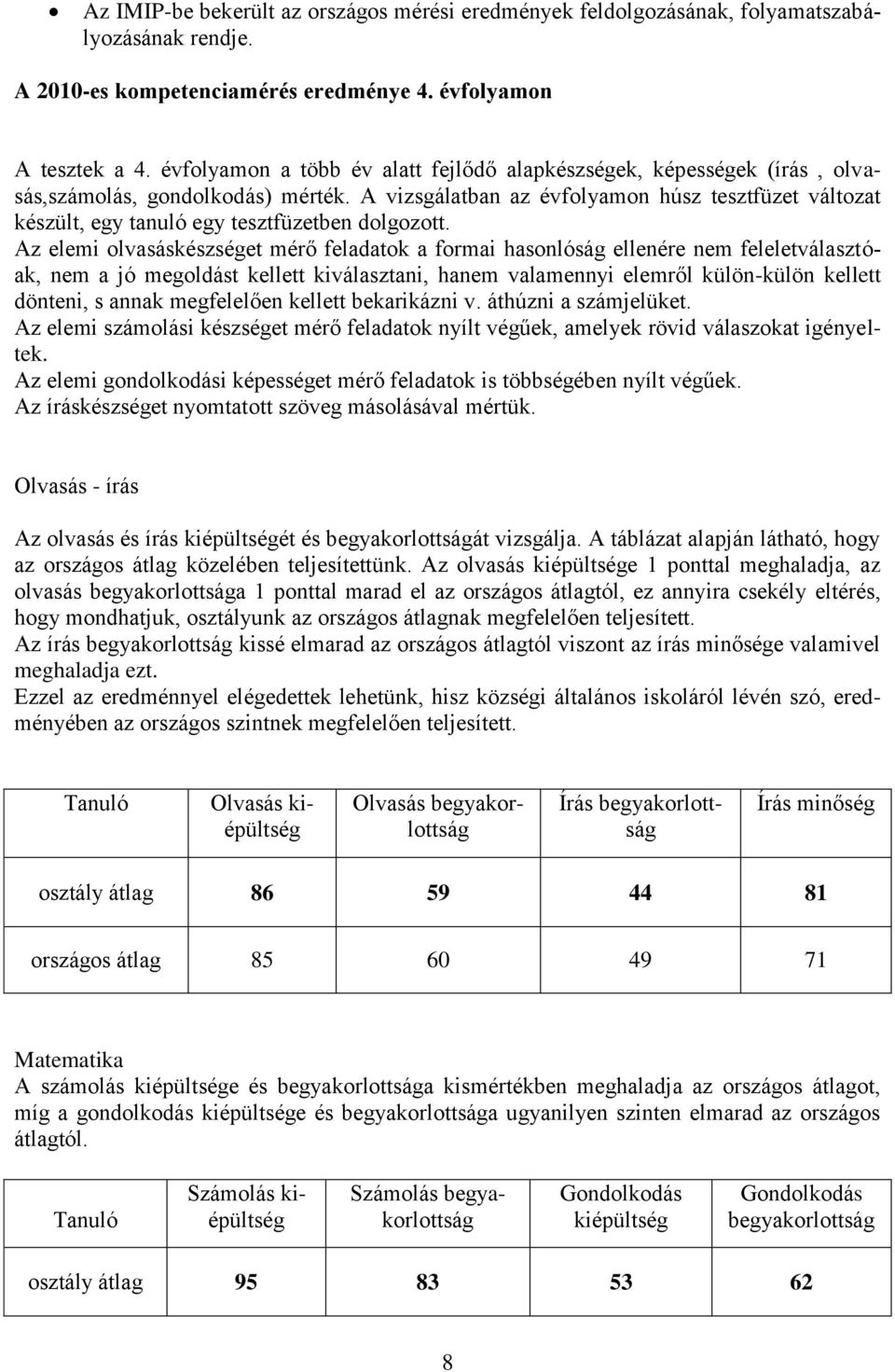 A vizsgálatban az évfolyamon húsz tesztfüzet változat készült, egy tanuló egy tesztfüzetben dolgozott.