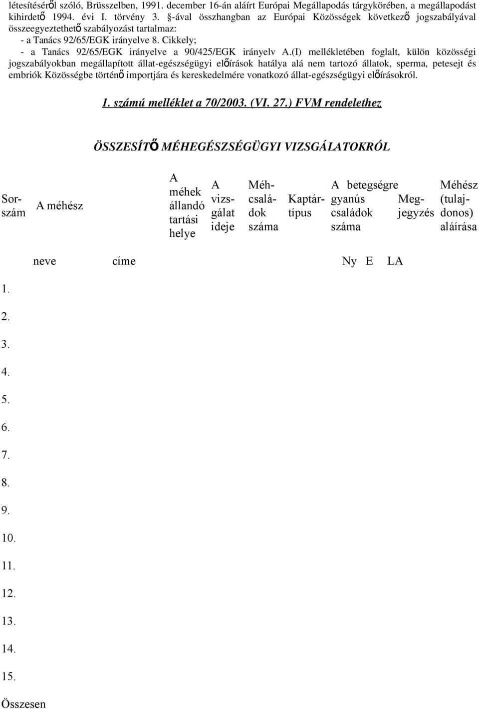 Cikkely; - a Tanács 92/65/EGK irányelve a 90/425/EGK irányelv A.