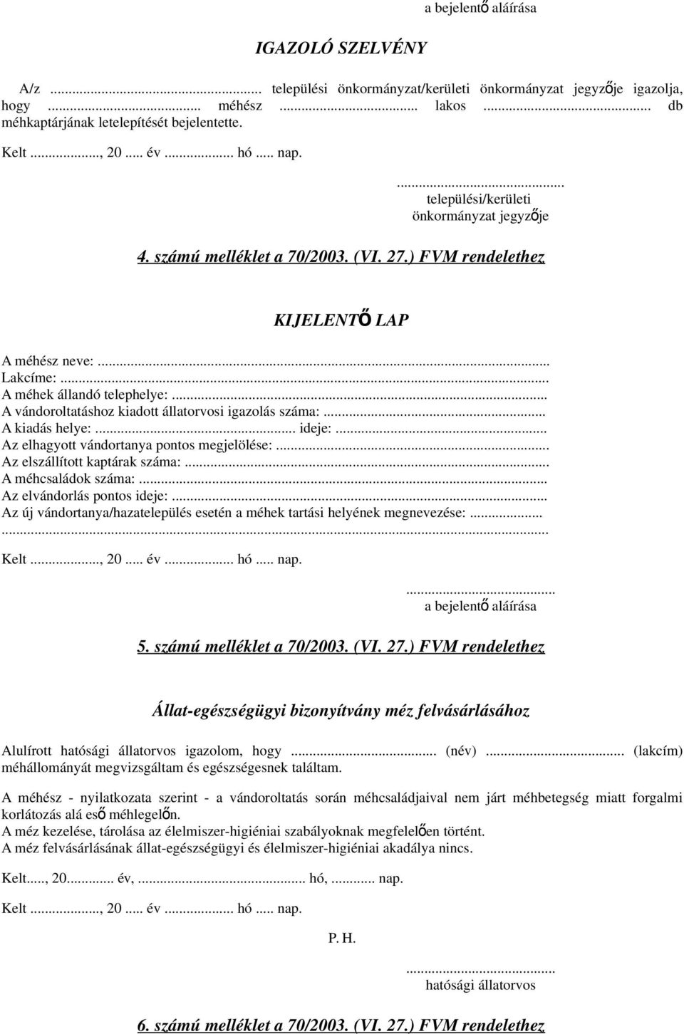 .. A vándoroltatáshoz kiadott állatorvosi igazolás száma:... A kiadás helye:... ideje:... Az elhagyott vándortanya pontos megjelölése:... Az elszállított kaptárak száma:... A méhcsaládok száma:.