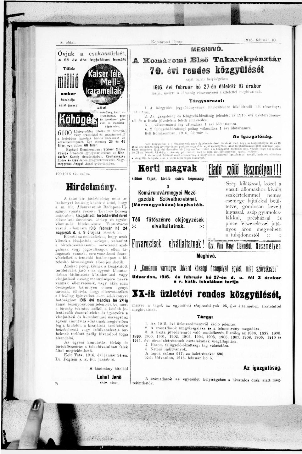 Tárgyrzé áll rkd eg k: * Hv«lkd, gége é rkhuru #fcö M zárkö ö h ö g högé elle z r í r v közjegyzőleg heleíe bzyg U v/u vv rkól é gákól legjbb gzljk bzf háuk é közkedvelégüke Eg cg 20 é 4 J fllér, gy