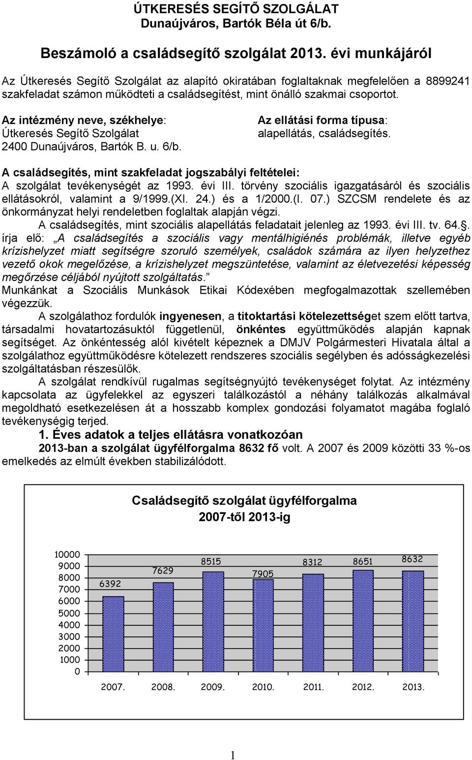 Az intézmény neve, székhelye: Útkeresés Segítő Szolgálat 2400 Dunaújváros, Bartók B. u. 6/b. Az ellátási forma típusa: alapellátás, családsegítés.