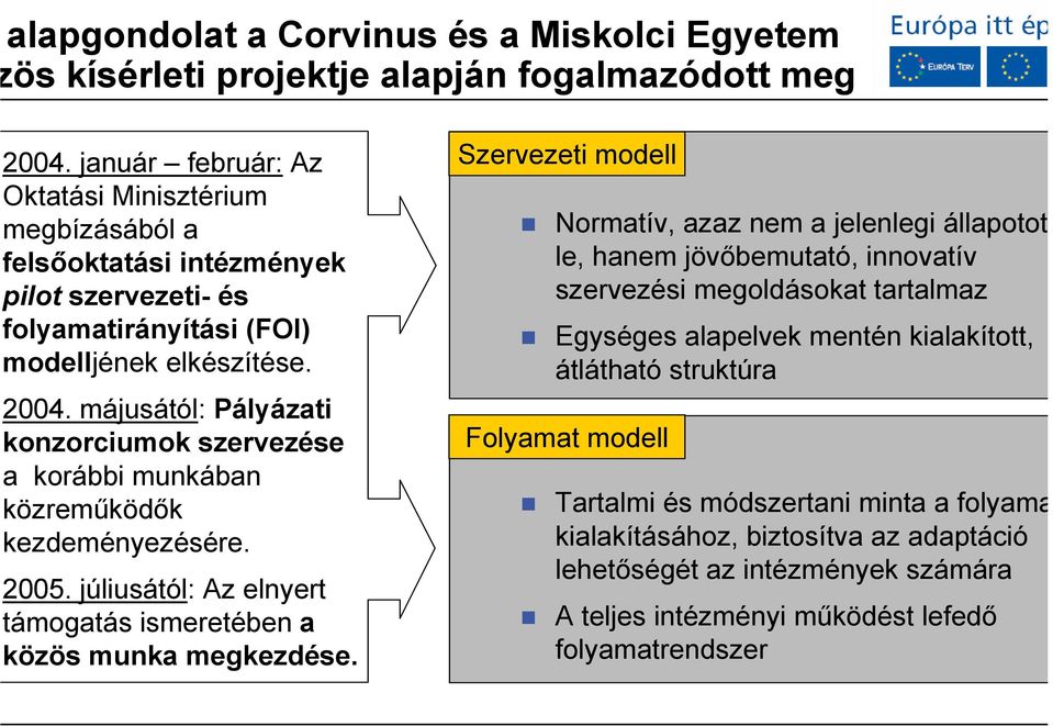 májusától: Pályázati konzorciumok szervezése a korábbi munkában közreműködők kezdeményezésére. 2005. júliusától: Az elnyert támogatás ismeretében a közös munka megkezdése.