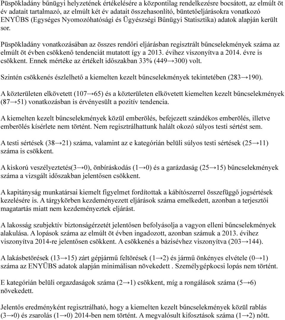 Püspökladány vonatkozásában az összes rendőri eljárásban regisztrált bűncselekmények száma az elmúlt öt évben csökkenő tendenciát mutatott így a 2013. évihez viszonyítva a 2014. évre is csökkent.