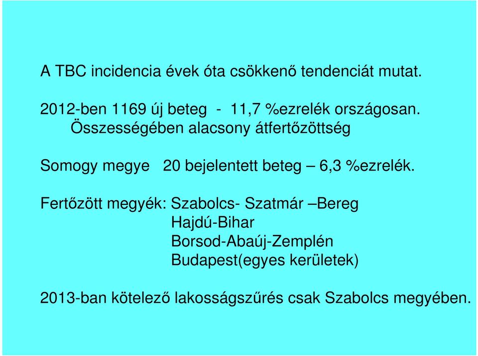 Összességében alacsony átfertőzöttség Somogy megye 20 bejelentett beteg 6,3 %ezrelék.