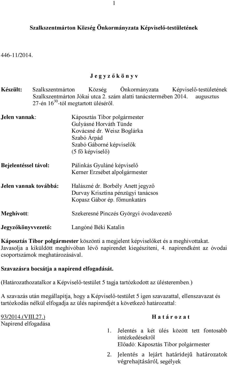 Weisz Boglárka Szabó Árpád Szabó Gáborné képviselők (5 fő képviselő) Pálinkás Gyuláné képviselő Kerner Erzsébet alpolgármester Halászné dr.