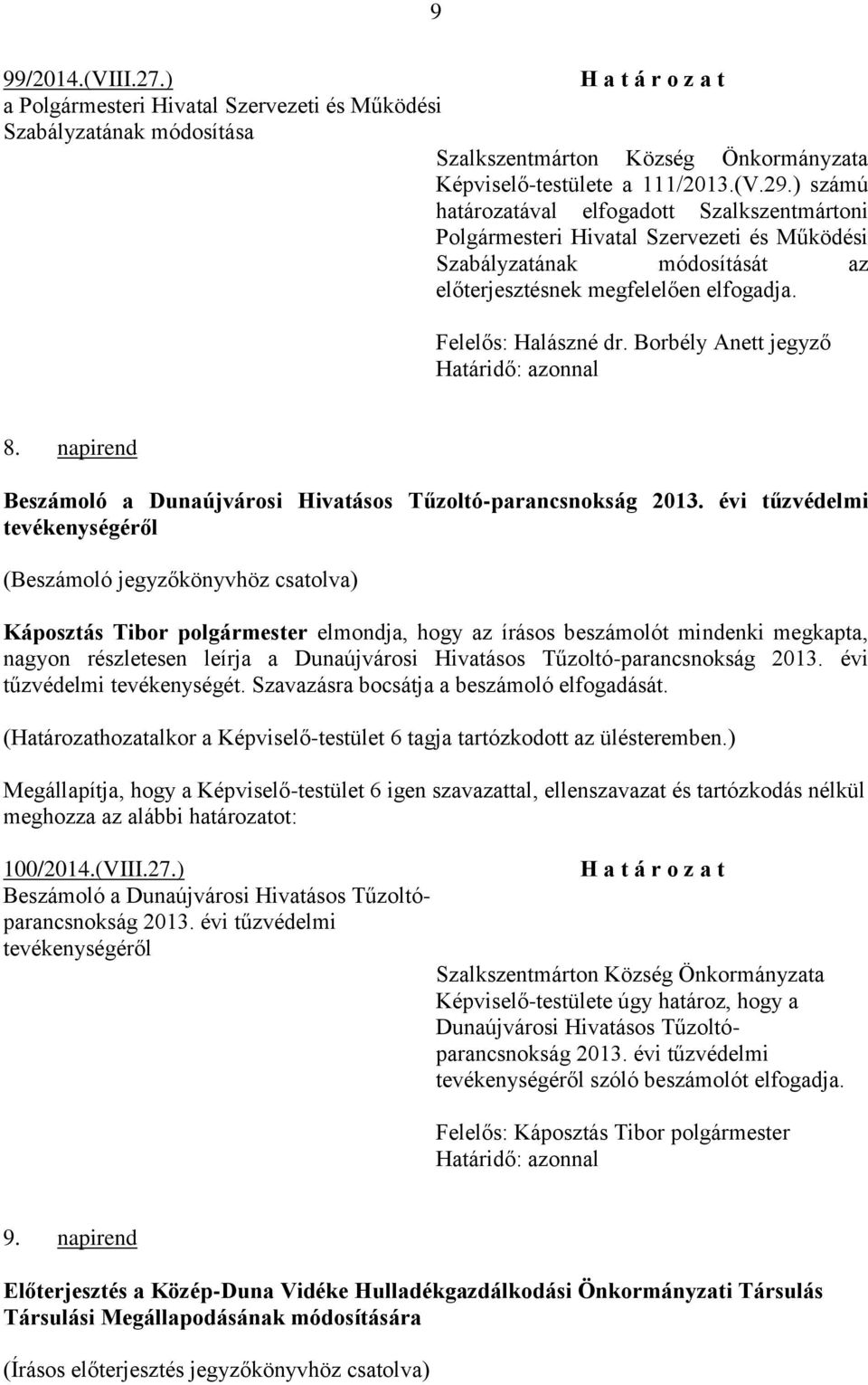Borbély Anett jegyző 8. napirend Beszámoló a Dunaújvárosi Hivatásos Tűzoltó-parancsnokság 2013.