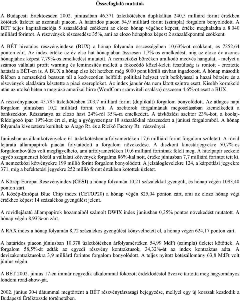 A részvények részesedése 35%, ami az elozo hónaphoz képest 2 százalékponttal csökkent. A BÉT hivatalos részvényindexe (BUX) a hónap folyamán összességében 10,63%-ot csökkent, és 7252,64 ponton zárt.