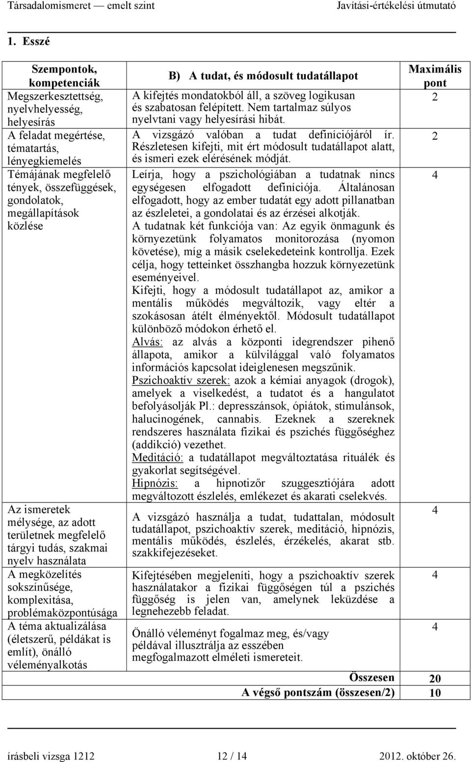 áll, a szöveg logikusan és szabatosan felépített. Nem tartalmaz súlyos nyelvtani vagy i hibát. A vizsgázó valóban a tudat definíciójáról ír.