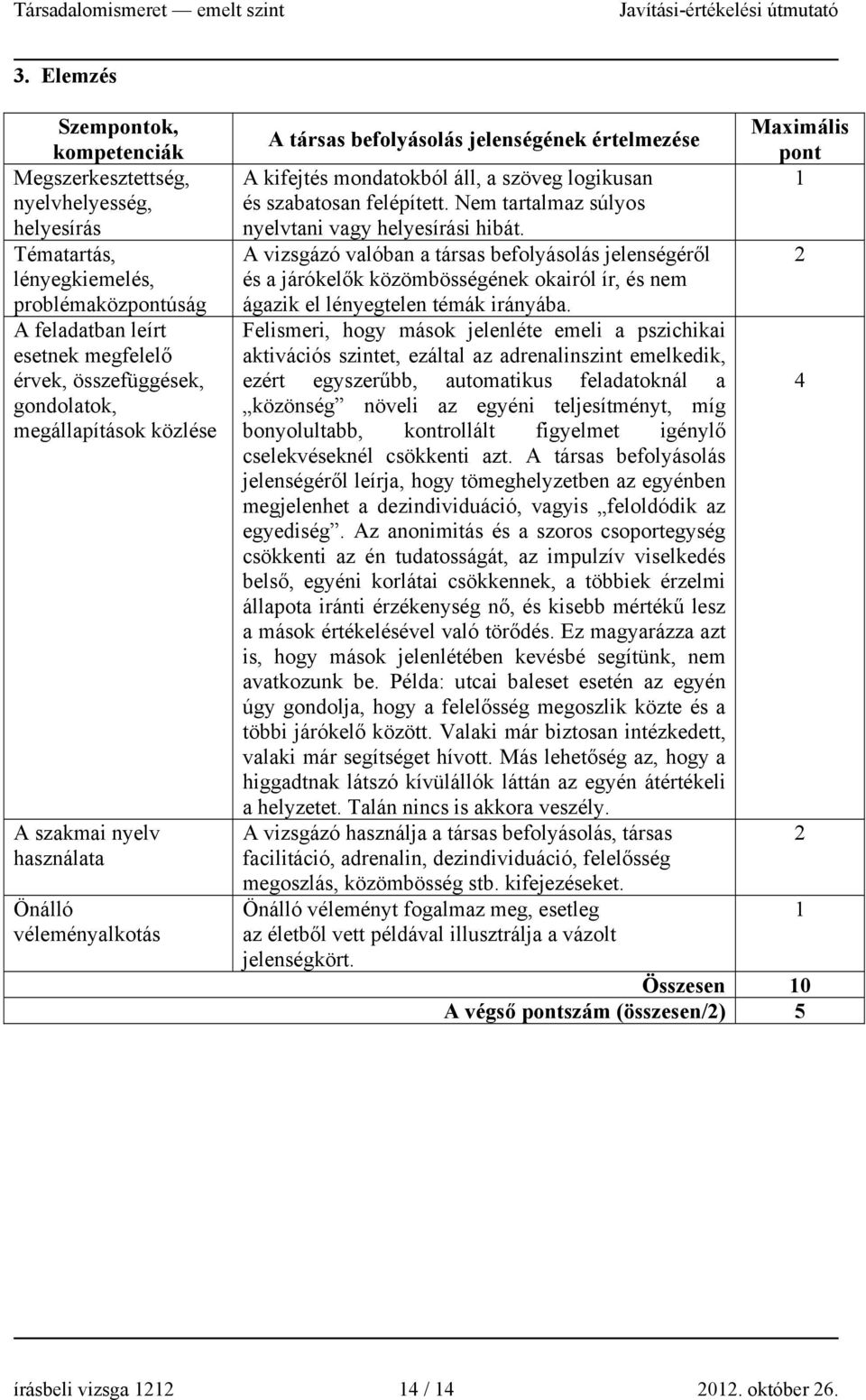 A vizsgázó valóban a társas befolyásolás jelenségéről és a járókelők közömbösségének okairól ír, és nem ágazik el lényegtelen témák irányába.