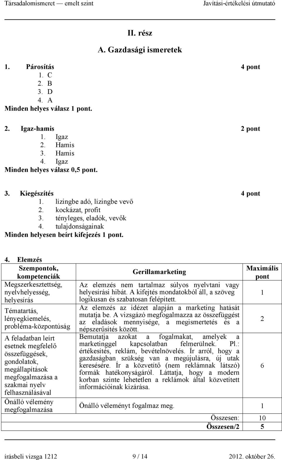 . Elemzés Tématartás, lényegkiemelés, probléma-közúság A feladatban leírt esetnek megfelelő összefüggések, megfogalmazása a szakmai nyelv felhasználásával Önálló vélemény megfogalmazása