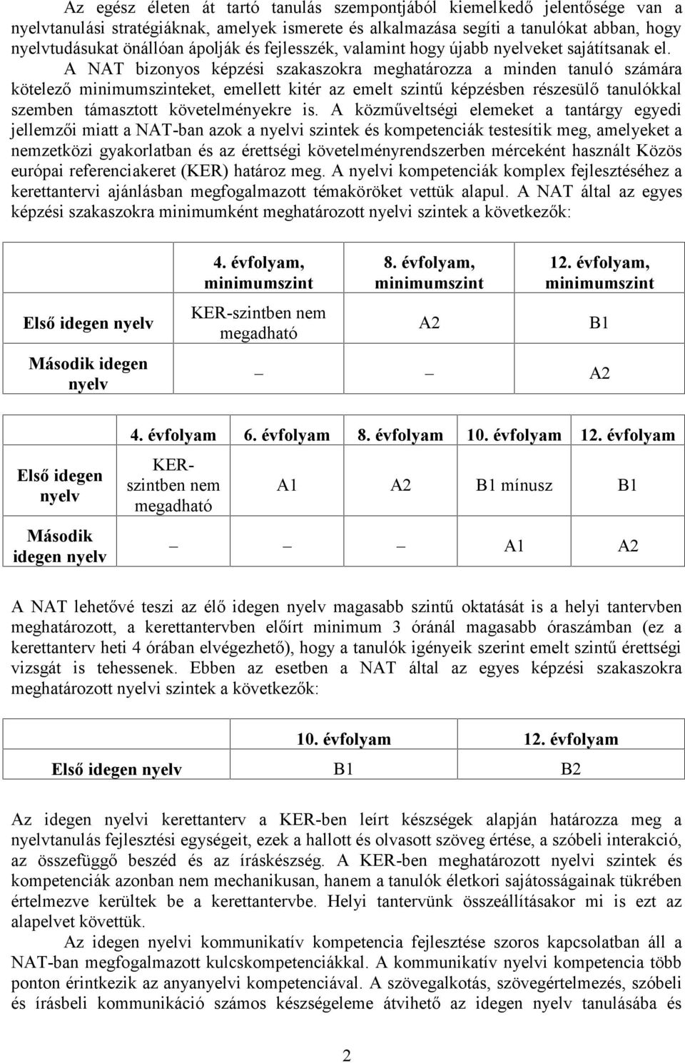 A NAT bizonyos képzési szakaszokra meghatározza a minden tanuló számára kötelező minimumszinteket, emellett kitér az emelt szintű képzésben részesülő tanulókkal szemben támasztott követelményekre is.