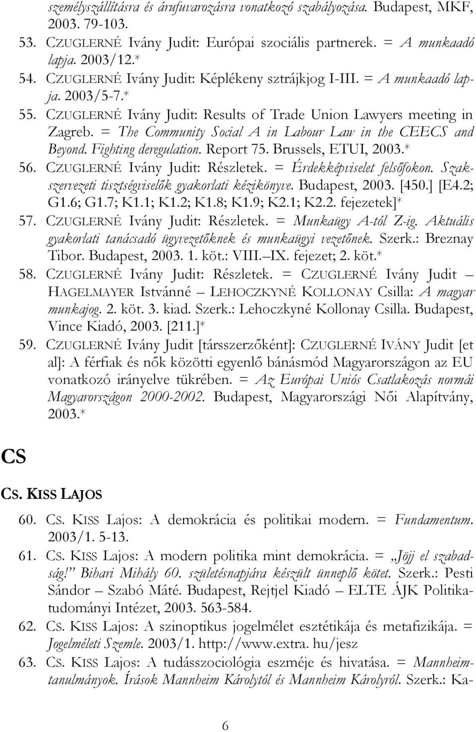 = The Community Social A in Labour Law in the CEECS and Beyond. Fighting deregulation. Report 75. Brussels, ETUI, 2003.* 56. CZUGLERNÉ Ivány Judit: Részletek. = Érdekképviselet felsőfokon.