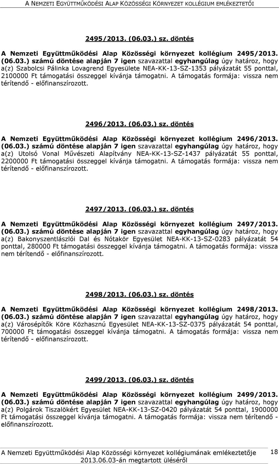 ) sz. döntés A Nemzeti Együttműködési Alap Közösségi környezet kollégium 2496/2013.