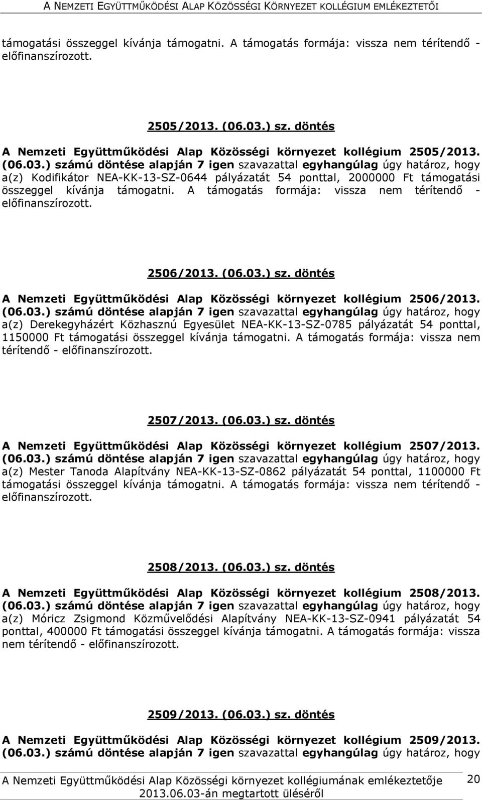 döntés A Nemzeti Együttműködési Alap Közösségi környezet kollégium 2506/2013.