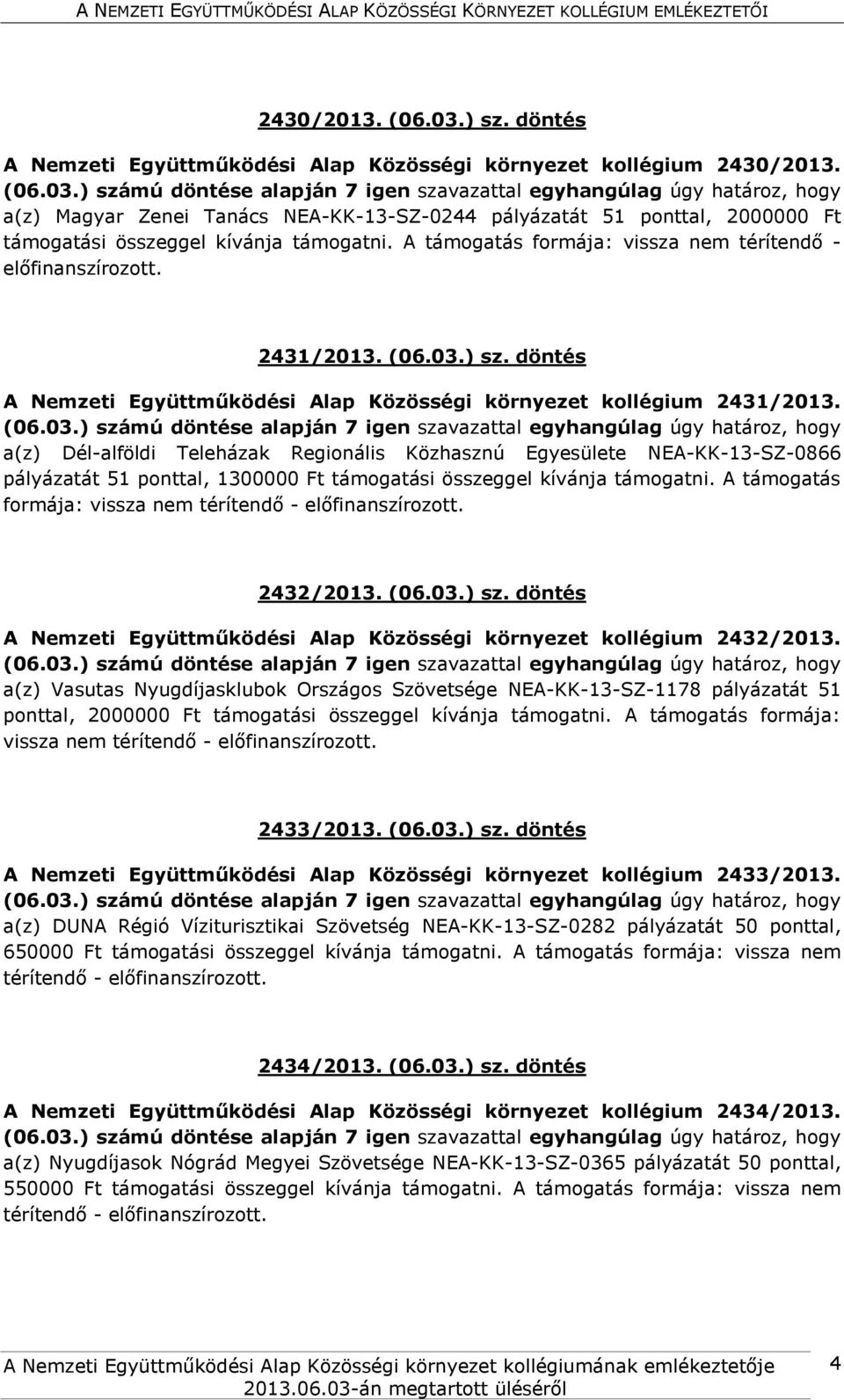 A támogatás formája: vissza nem térítendő - 2432/2013. (06.03.) sz. döntés A Nemzeti Együttműködési Alap Közösségi környezet kollégium 2432/2013.