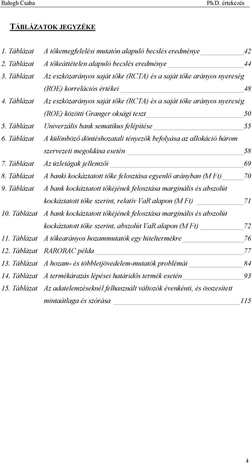 Táblázat Az eszközarányos saját tőke (RCTA) és a saját tőke arányos nyereség (ROE) közötti Granger oksági teszt 50 5. Táblázat Univerzális bank sematikus felépítése 55 6.