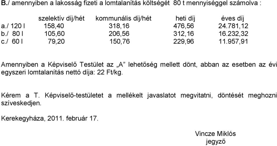 957,91 Amennyiben a Képviselő Testület az A lehetőség mellett dönt, abban az esetben az évi egyszeri lomtalanítás nettó díja: 22 Ft/kg.