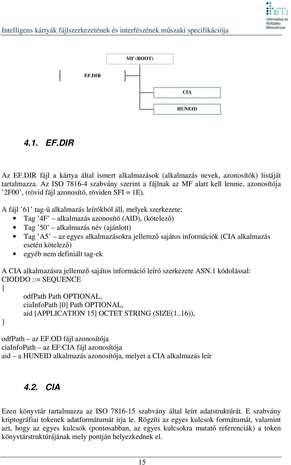 A fájl 61 tag- alkalmazás leírókból áll, melyek szerkezete: Tag 4F alkalmazás azonosító (AID), (kötelez) Tag 50 alkalmazás név (ajánlott) Tag A5 az egyes alkalmazásokra jellemz sajátos információk